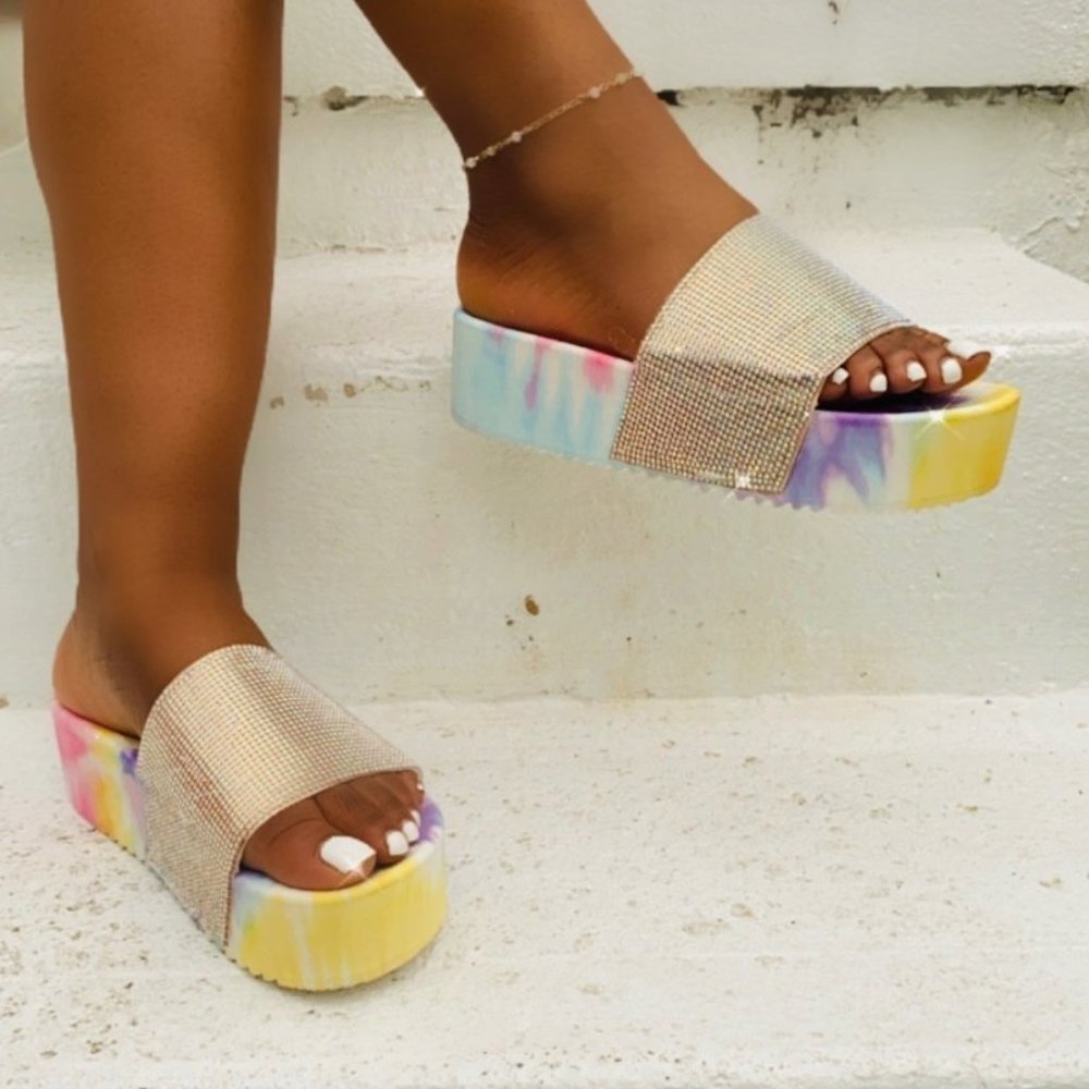"Shanice" Rainbow Tie-Dye Platform Jeweled Sandals